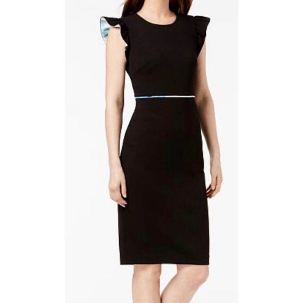 Calvin Klein Black Midi Sheath Dress with Ruffle Sleeves Blue Details Sz 2